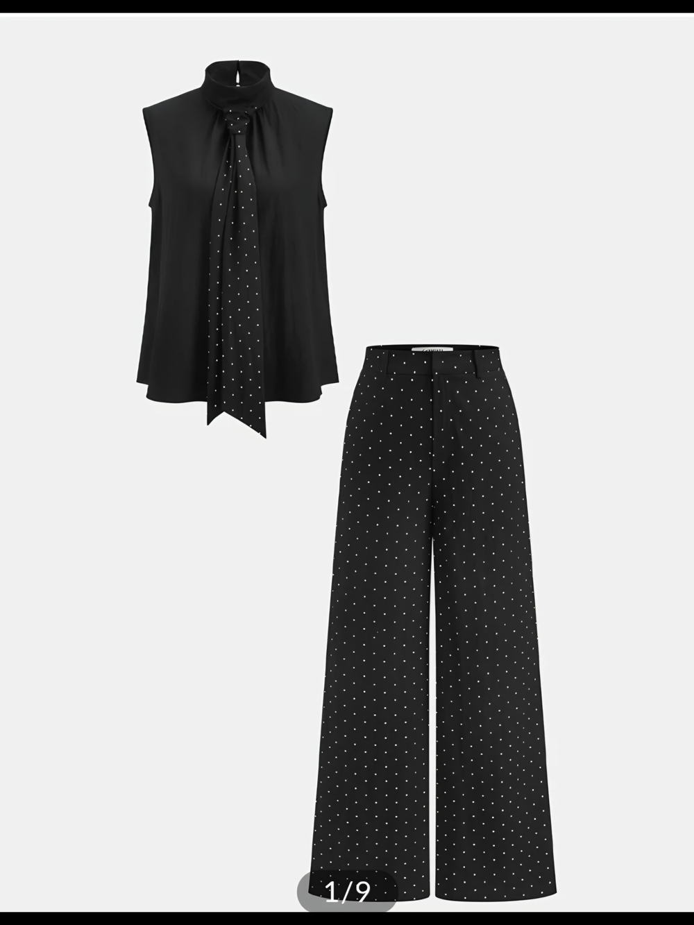 Commense Polka Dot Tie Neck Top & Wide Leg Pants Set